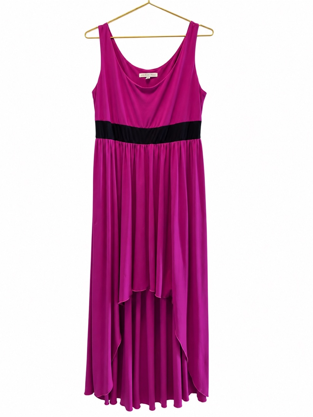 High-Low Sleeveless Dress with Black Waistband - Fuchsia